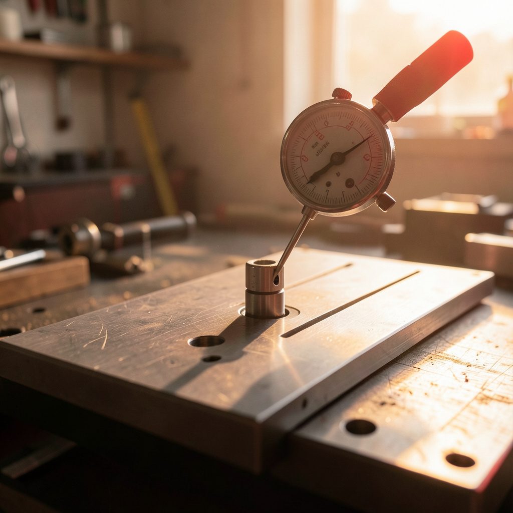 Precision surface plate with a dial indicator measuring a machined metal component, soft diffused workshop lighting