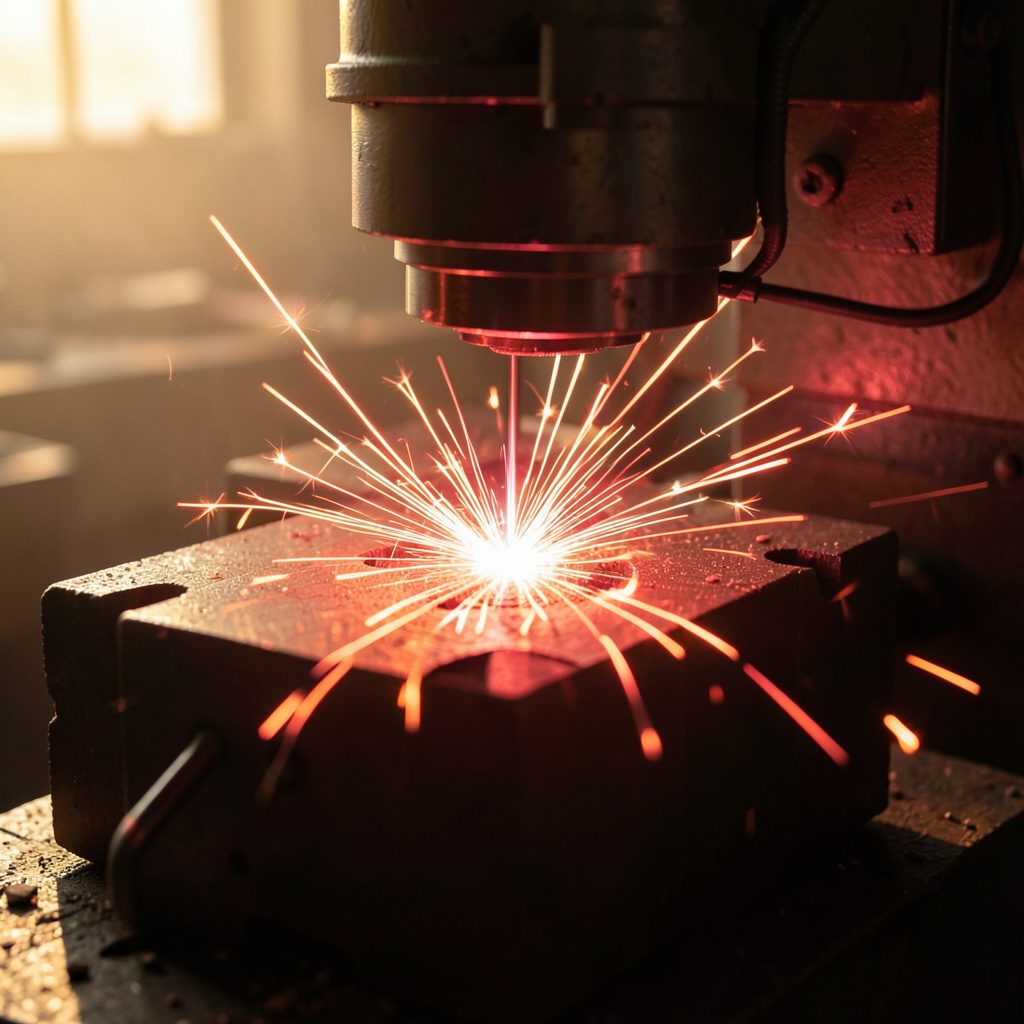 Close-up of a wire EDM machine cutting through a thick metal block with bright electrical sparks in a dim workshop