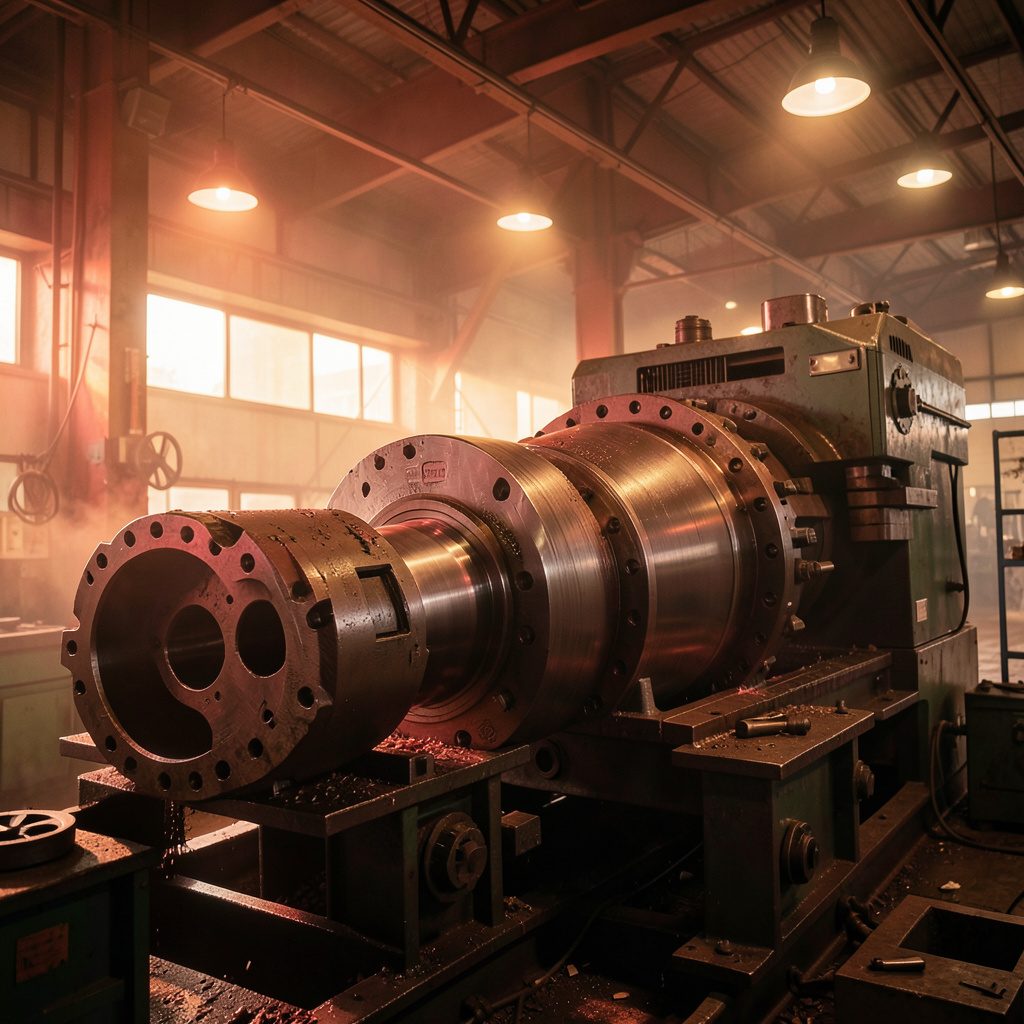Large industrial CNC horizontal boring mill machining a massive metal casting, illuminated by overhead factory lights