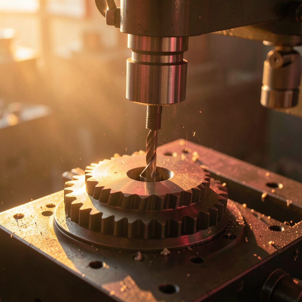 Industrial gear cutting machine with a rotating hob cutting teeth into a metal gear blank, warm golden light on steel surfaces