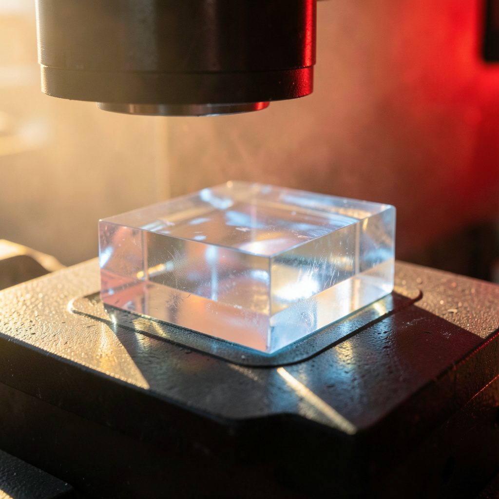 Transparent crystalline optical material being precision-ground on a lapping machine, cool blue-white tones under inspection light