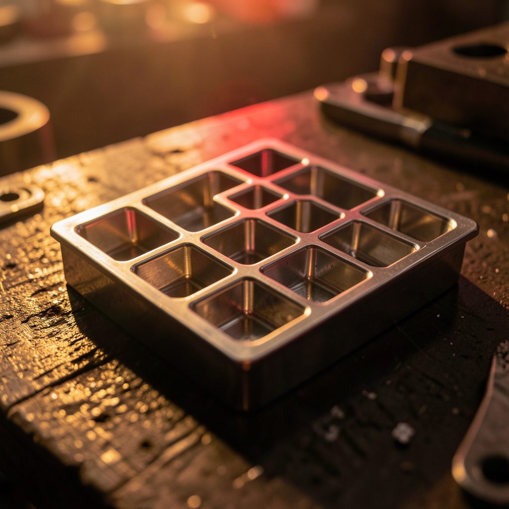 Close-up of a polished metal mold insert with intricate geometric cavities, reflecting warm golden light on a dark workshop bench