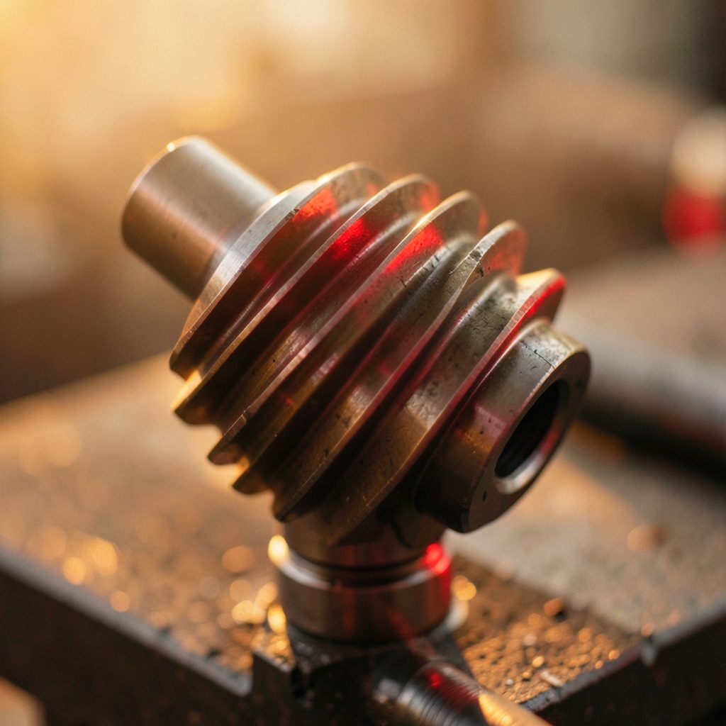 Helical gear with angled teeth on a machined shaft, bronze and steel tones, soft directional light