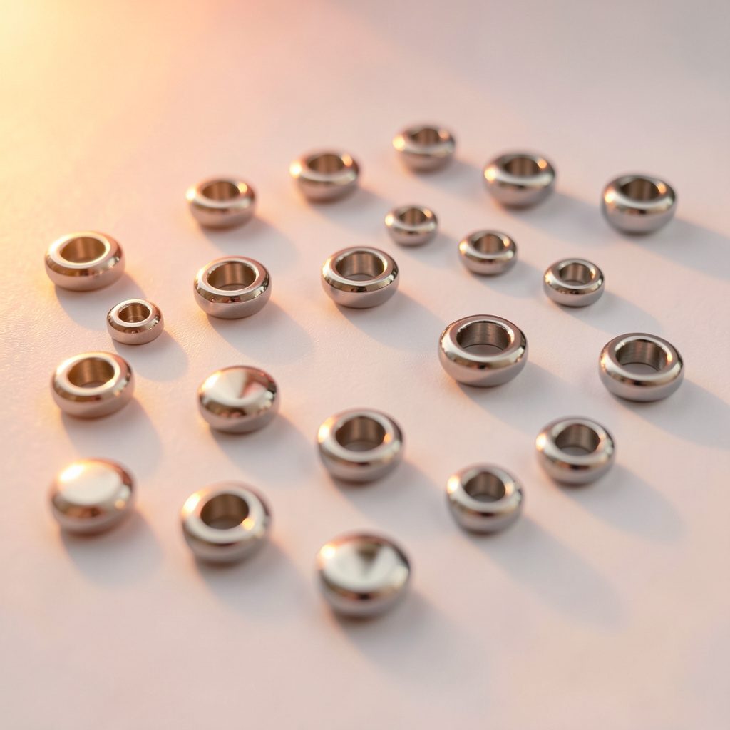 Array of small precision mold inserts with mirror-polished surfaces arranged on a clean white background, silver and chrome tones