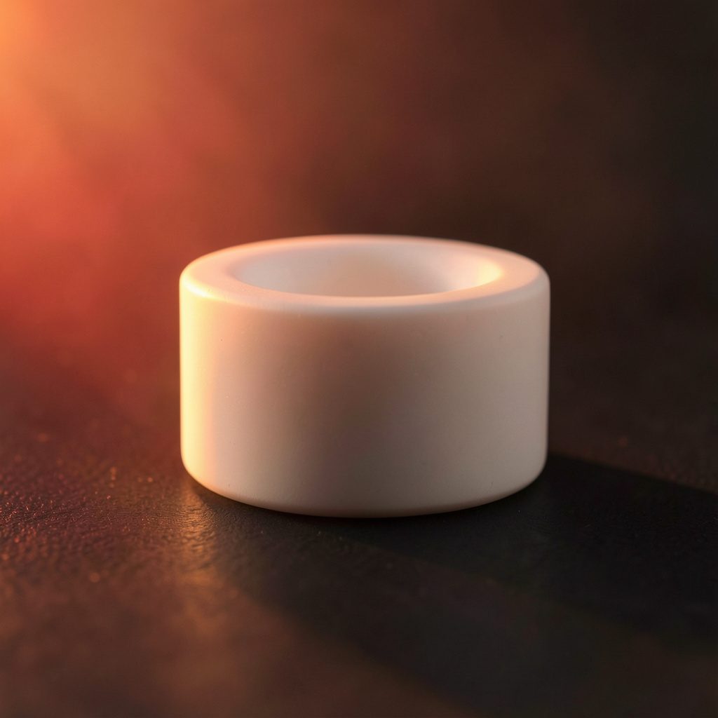 White zirconia ceramic component with a smooth matte finish, resting on a dark surface under soft studio light