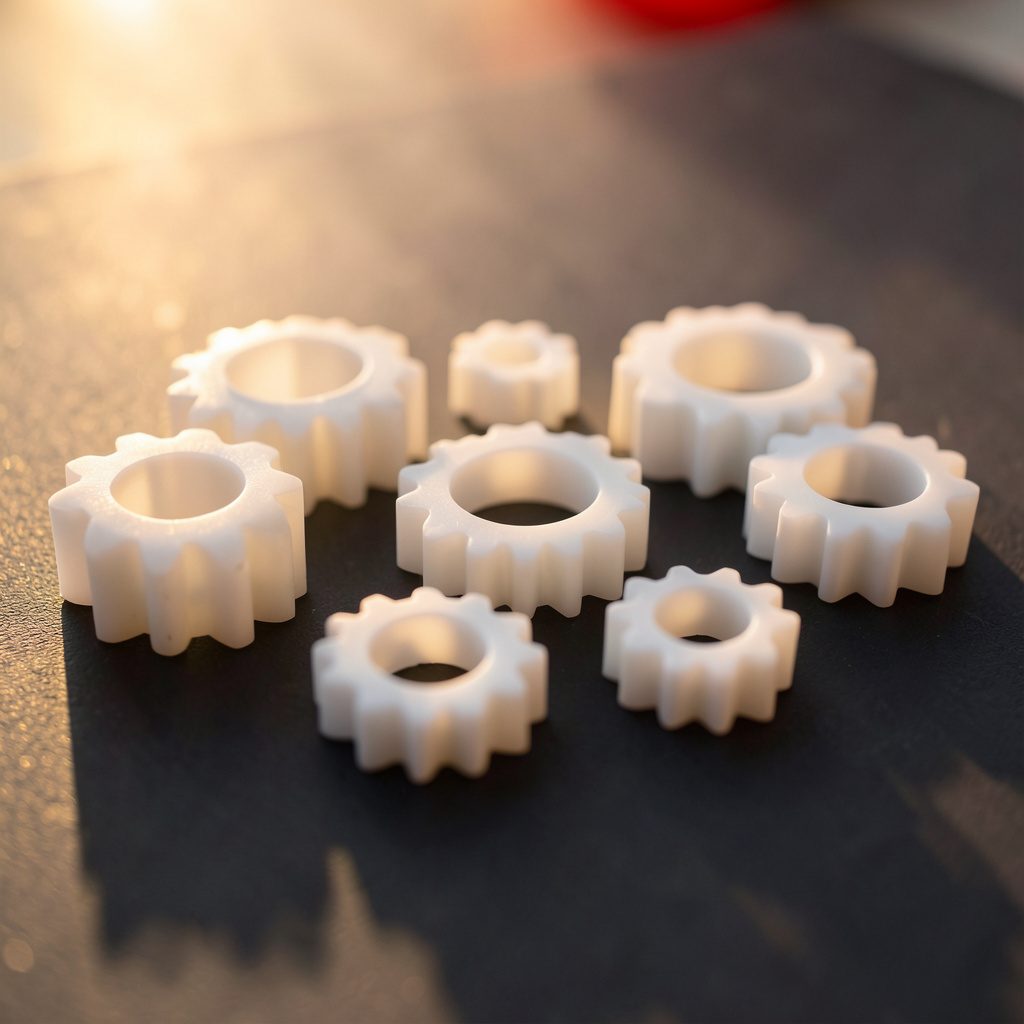 Set of white plastic gears of varying diameters arranged on a dark surface, diffused natural light