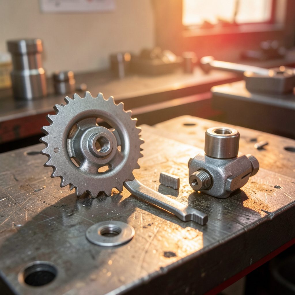 Steel sprocket and rack-and-pinion assembly on a workbench, industrial silver-gray tones with warm highlights