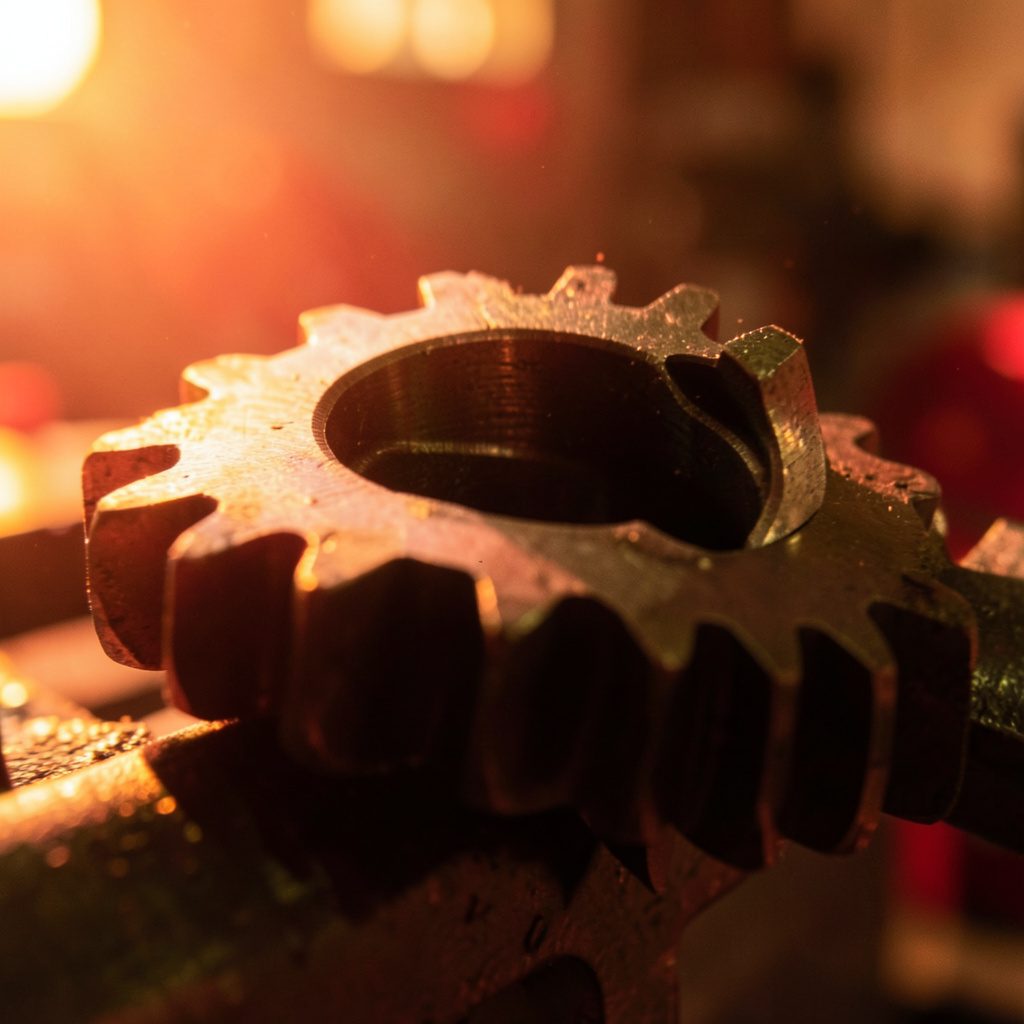 Close-up of a steel spur gear with precisely cut teeth, warm metallic sheen under golden-hour workshop lighting
