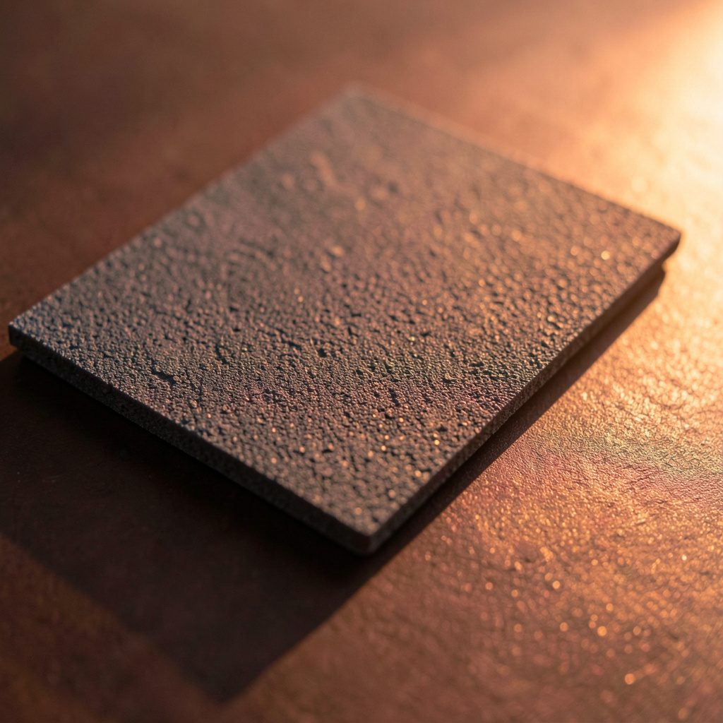 Dark gray silicon carbide plate with a crystalline texture, angled light revealing surface grain