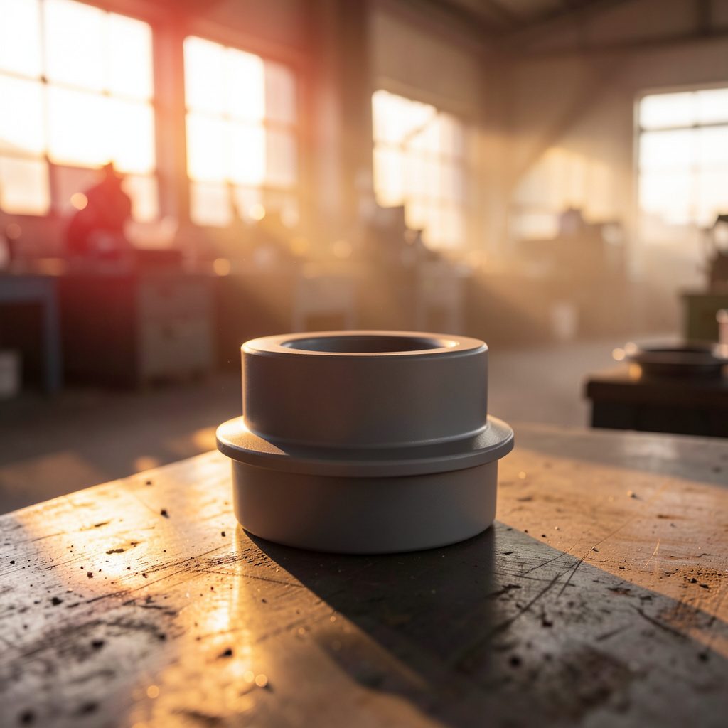 Gray silicon nitride bearing component with a smooth machined surface, industrial workshop background