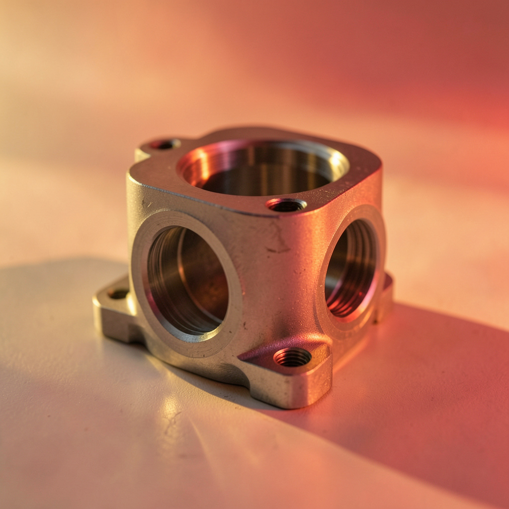 Precision-machined engine component with cylindrical bores and mounting flanges, silver-gray metal under warm directional light