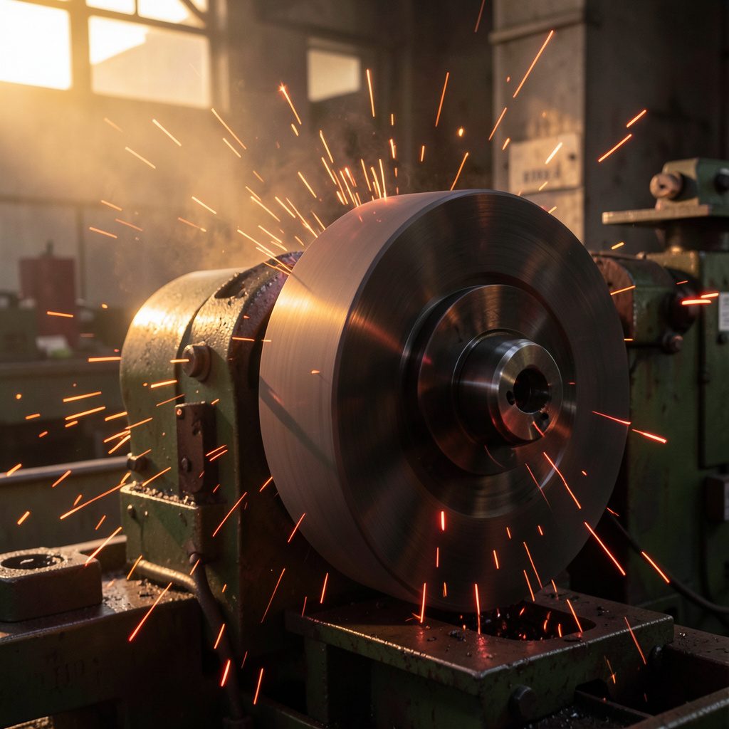 Cylindrical grinding machine in operation with sparks visible against a dark industrial backdrop, warm amber glow