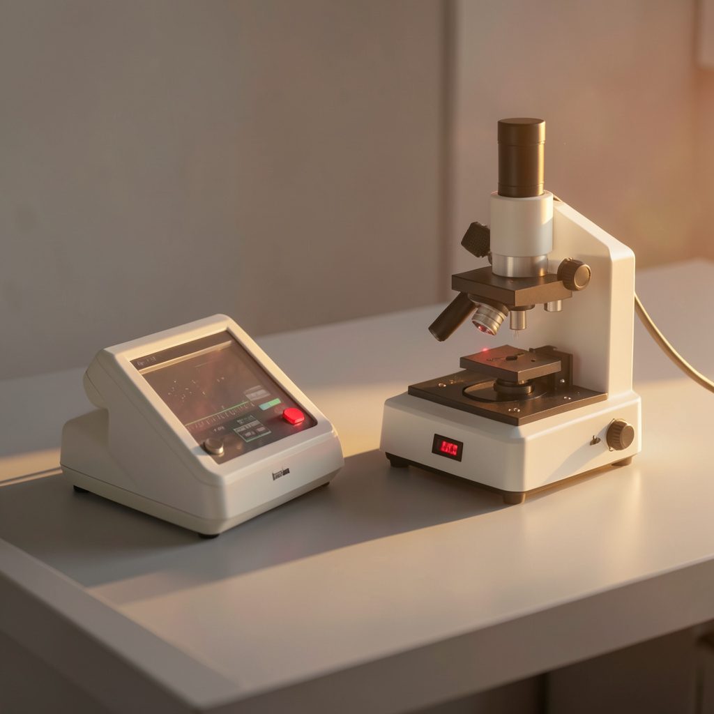 Surface roughness tester and optical comparator on a clean inspection bench, neutral gray and white tones